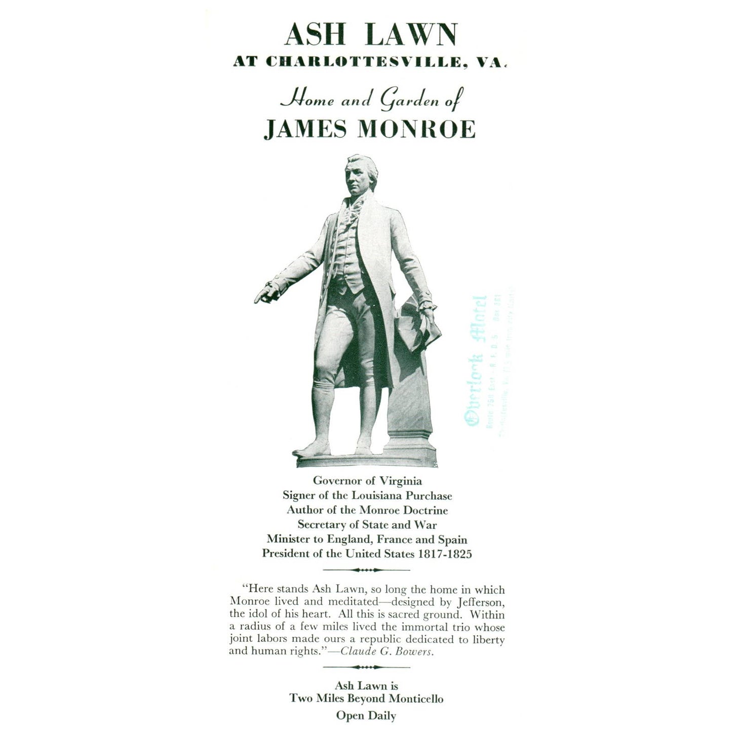 1950s Tourist Brochure Ash Lawn Charlottesville VA Home of James Monroe SE4