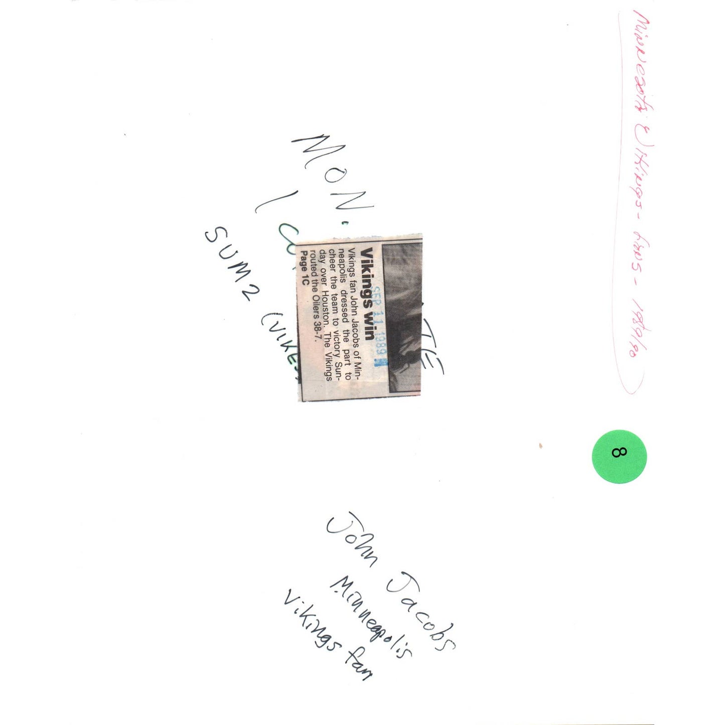 1989 Original Press Photo NFL Minnesota Vikings Fan John Jacobs 8x10" TK2-FP