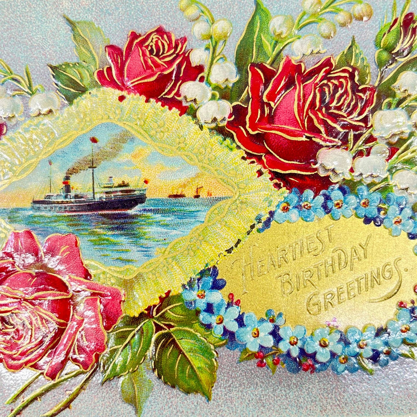 1910s Postcard Birthday Embossed Steamship Gilt SC9