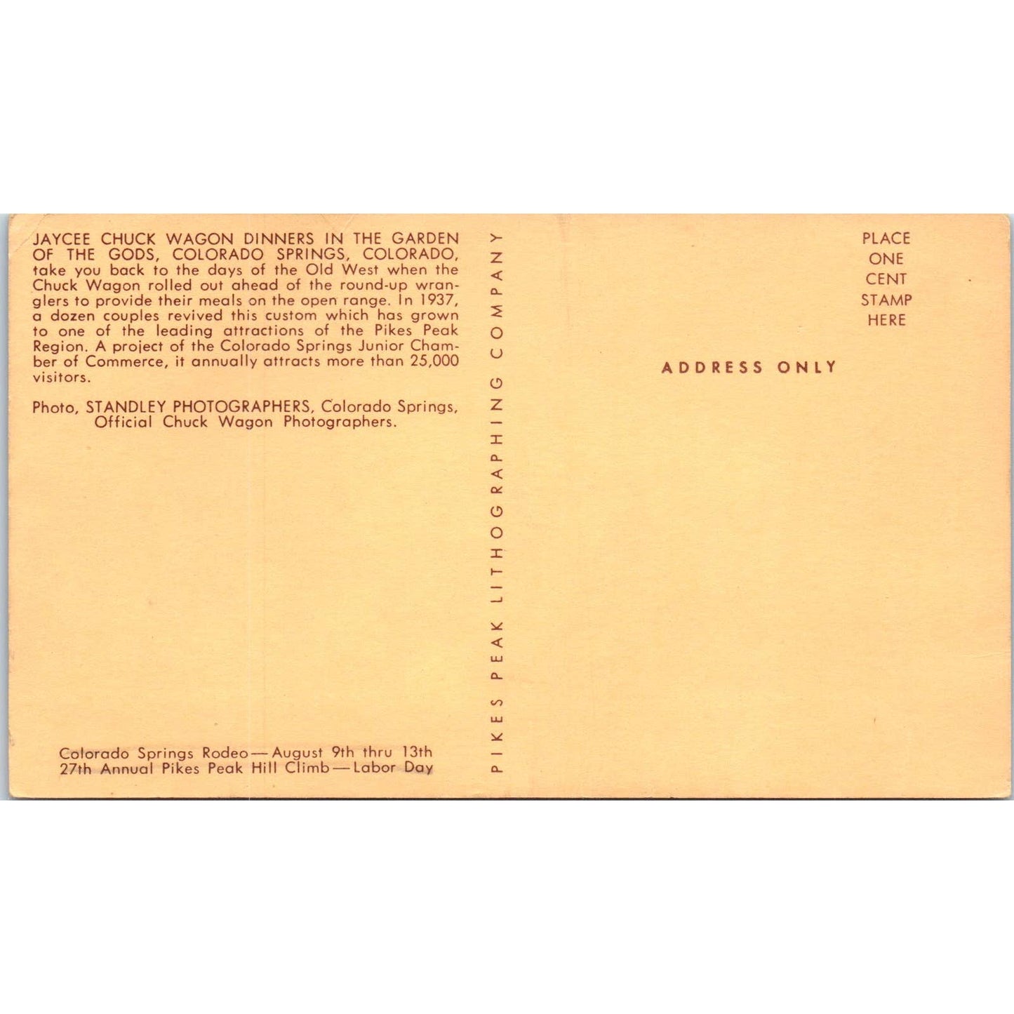 Jaycee Chuck Wagon Dinner Garden of the Gods Colorado Springs CO Postcard TK1-28