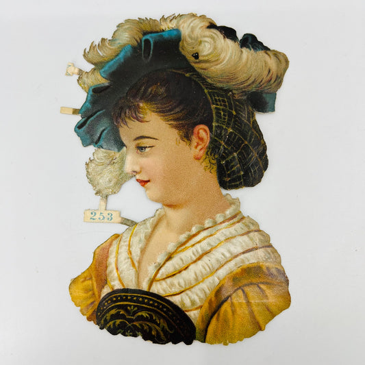 1880s Victorian Die Cut Scrap Fancy Lady With Feather Hat 5.25 x 3.5 253 SAH9-H7
