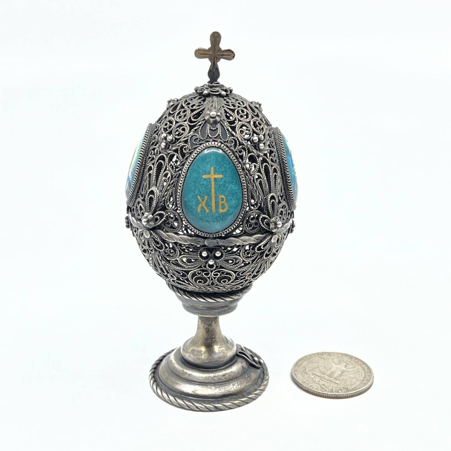 Vintage Russian Pewter Filagree Egg Catholic Jesus and Mary XB 4" TF6