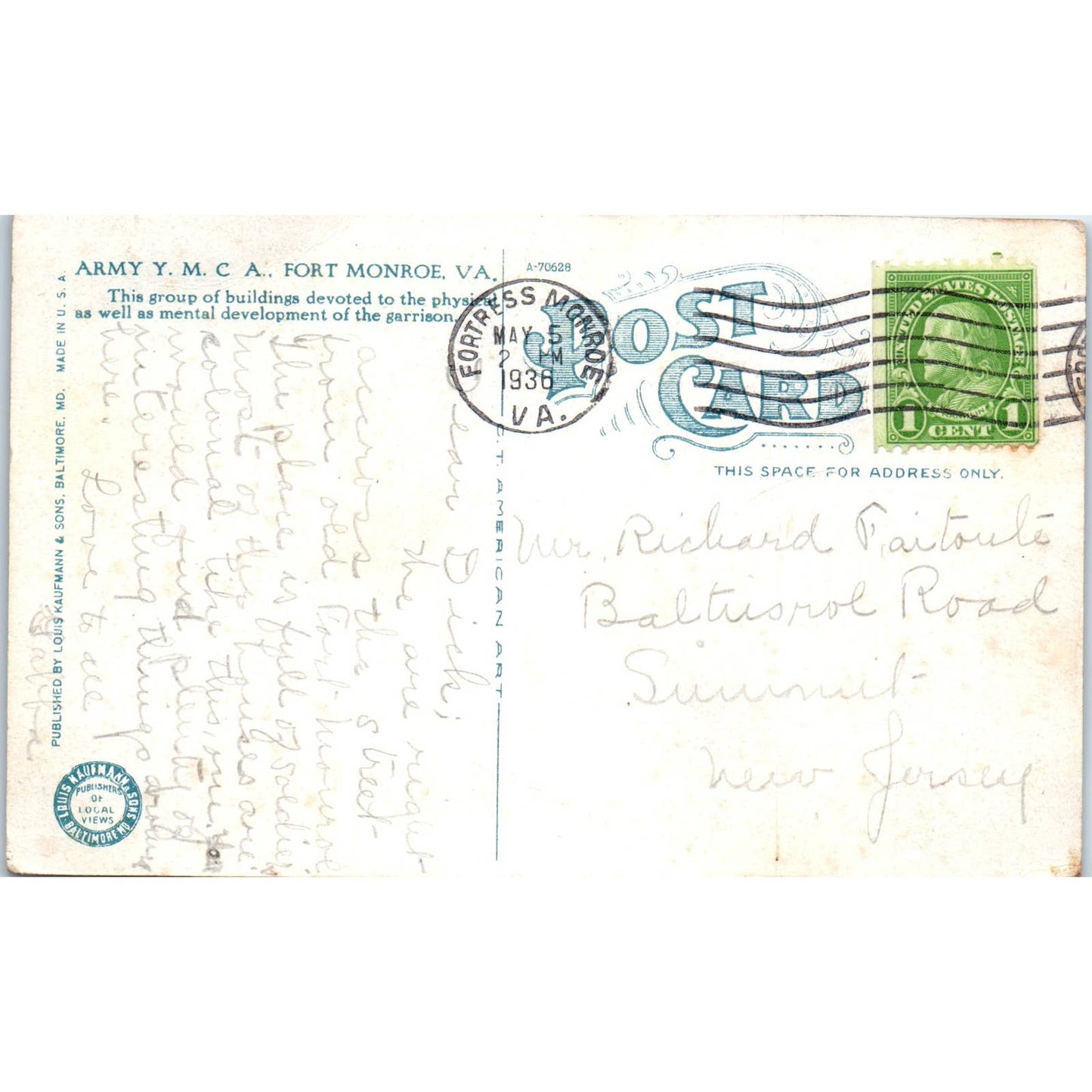 Army YMCA Fort Monroe Virginia 1938 - Original Postcard TJ7-RP1