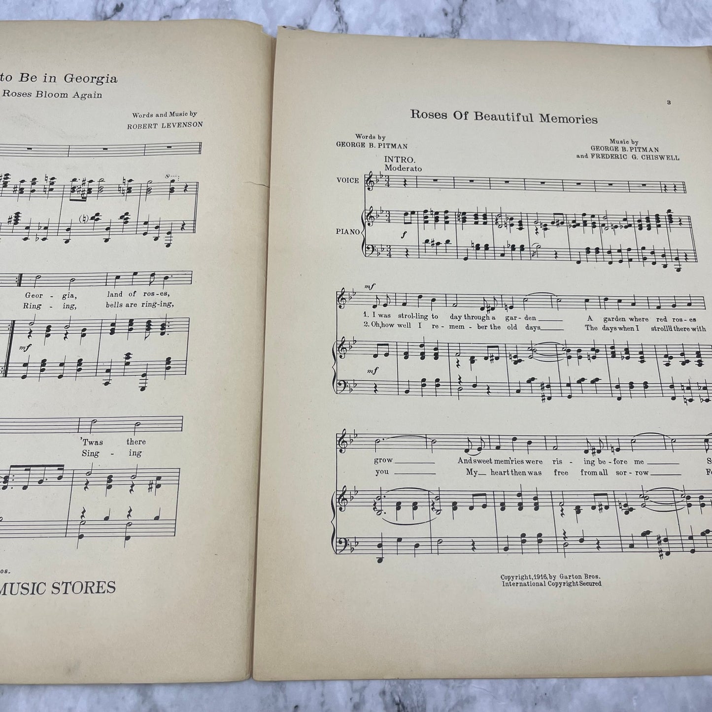 Roses of Beautiful Memories - 1916 large sheet music - by Pitman & Chiswell V41-2