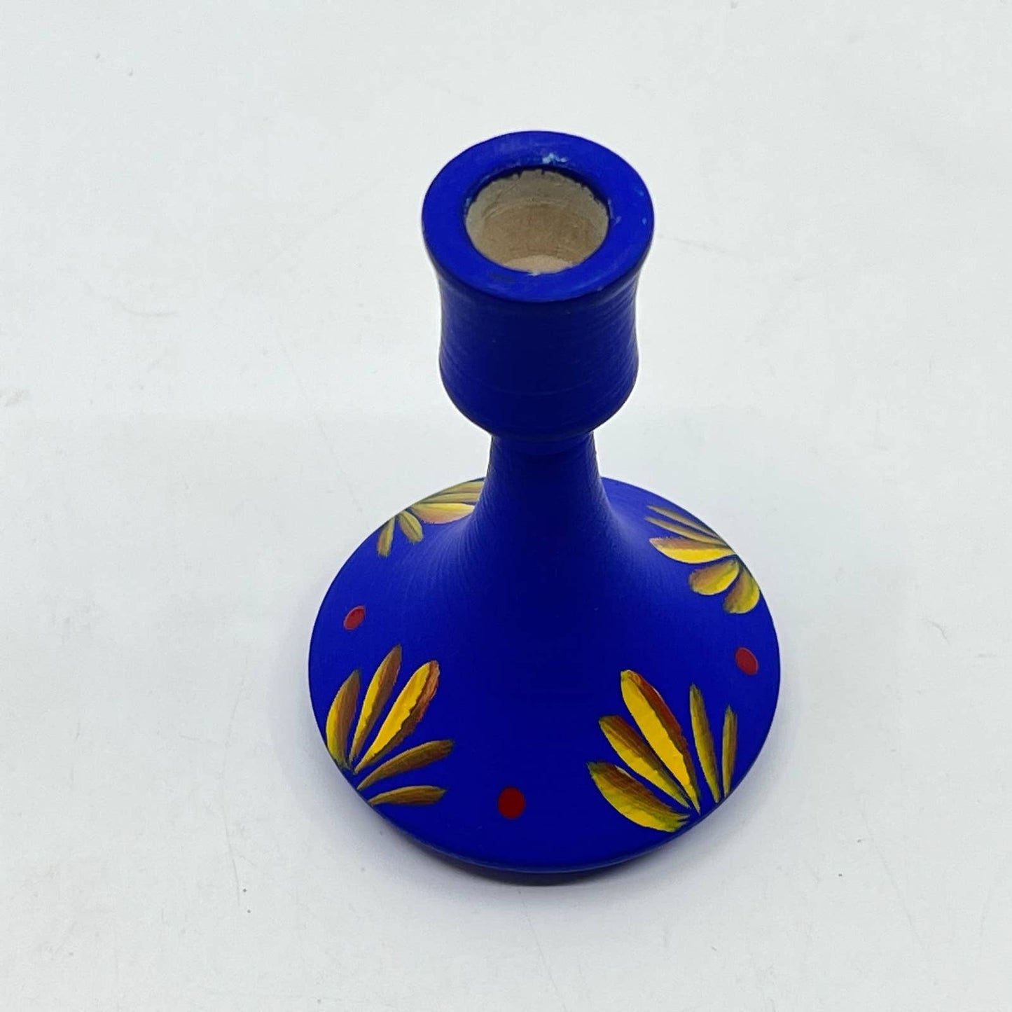 Vintage Hand Painted Satin Finish Blue Wood Candle Holder Sweden 3” TE6