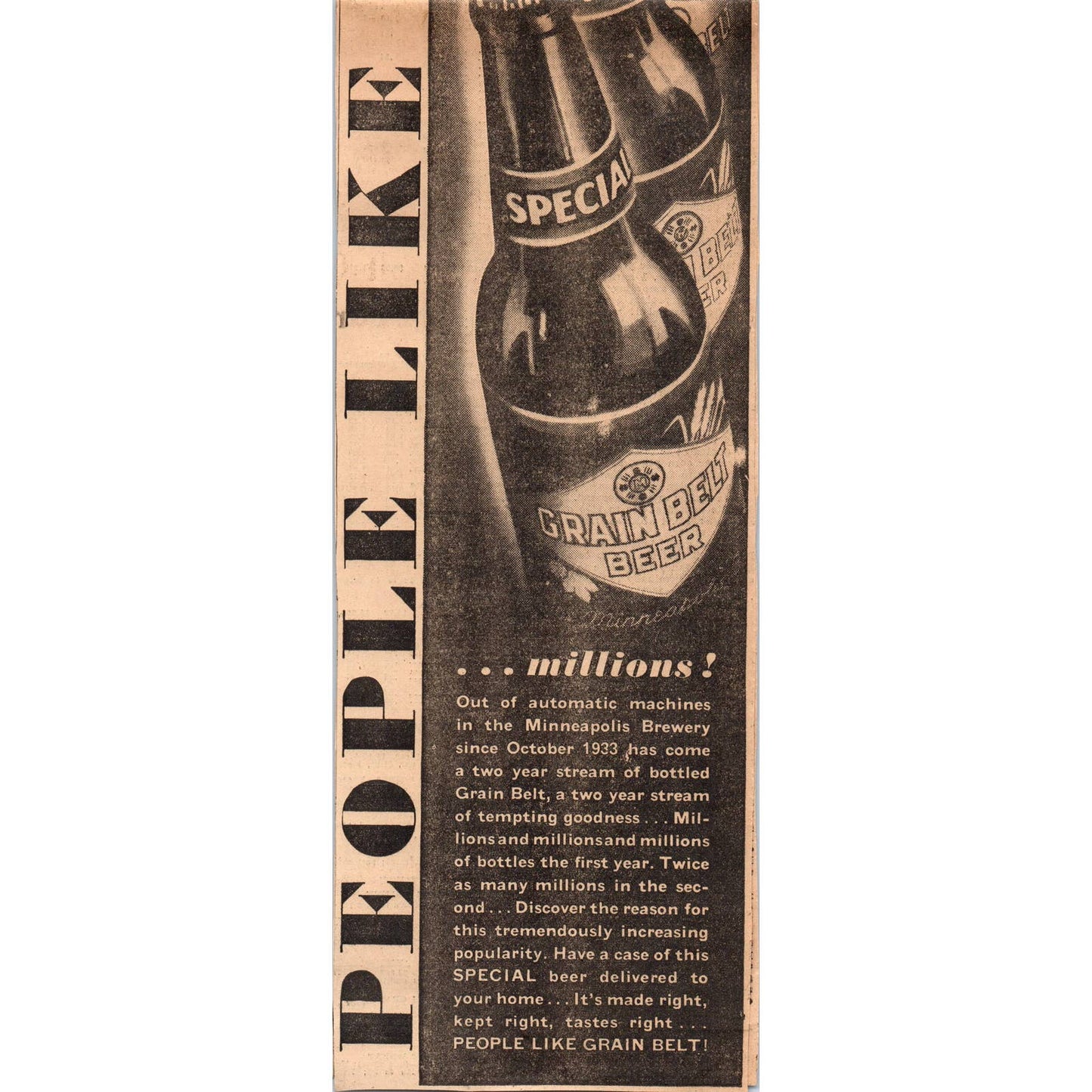1935 Minneapolis Journal Newspaper Ad Grain Belt Canterbury Ale on Draft FL5-3