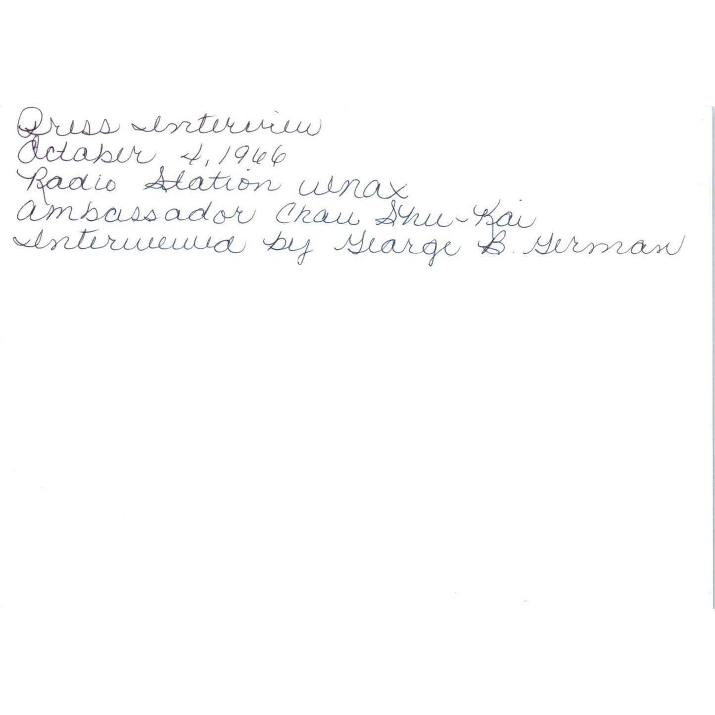 Shu-Kai Chow Chinese Ambassador Interview George B, German 1966 Photo 5x7 TK1-P5