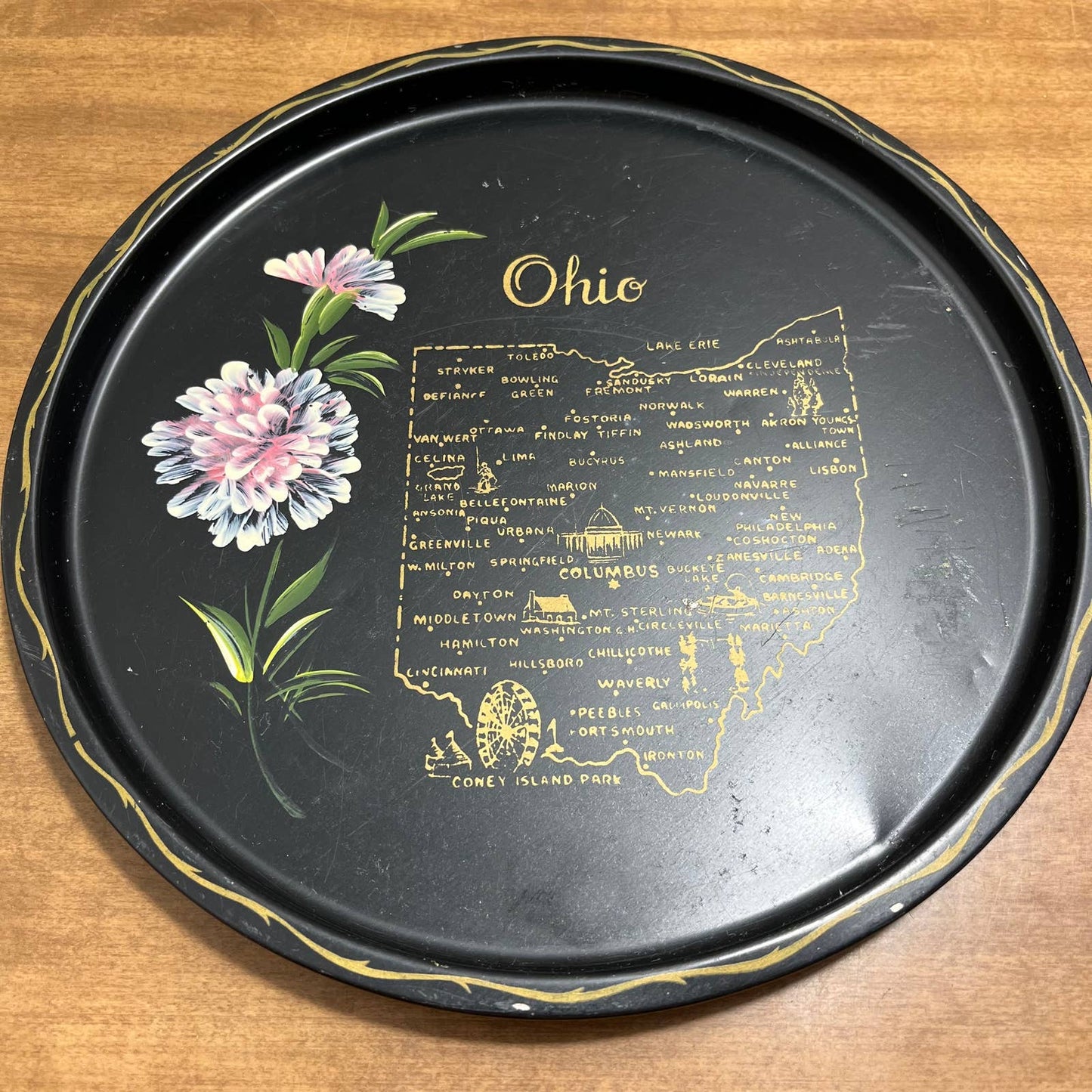 Vintage Black & Gold Metal State Souvenir Plate Tray Ohio Hand Painted 11” TG7