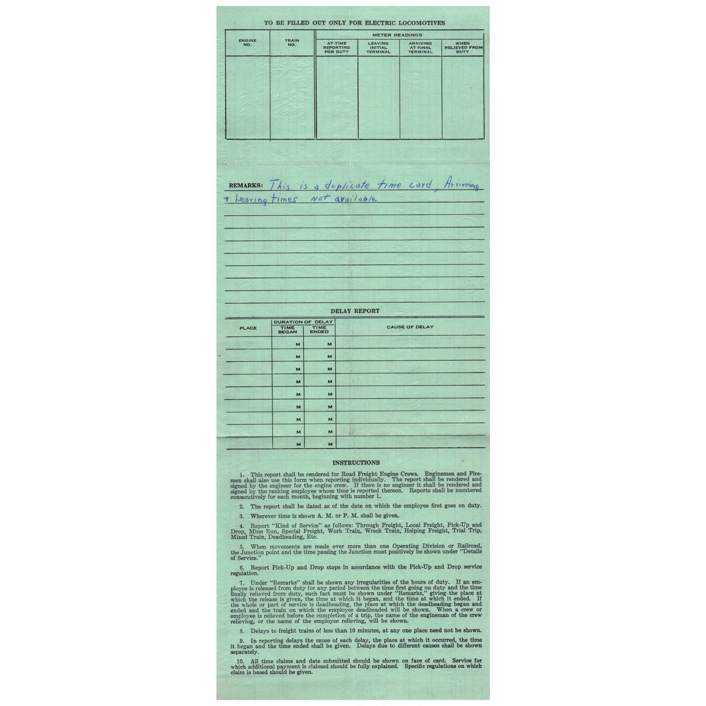 1958 The Pennsylvania Railroad Time Return and Delay Report Form AD8-1