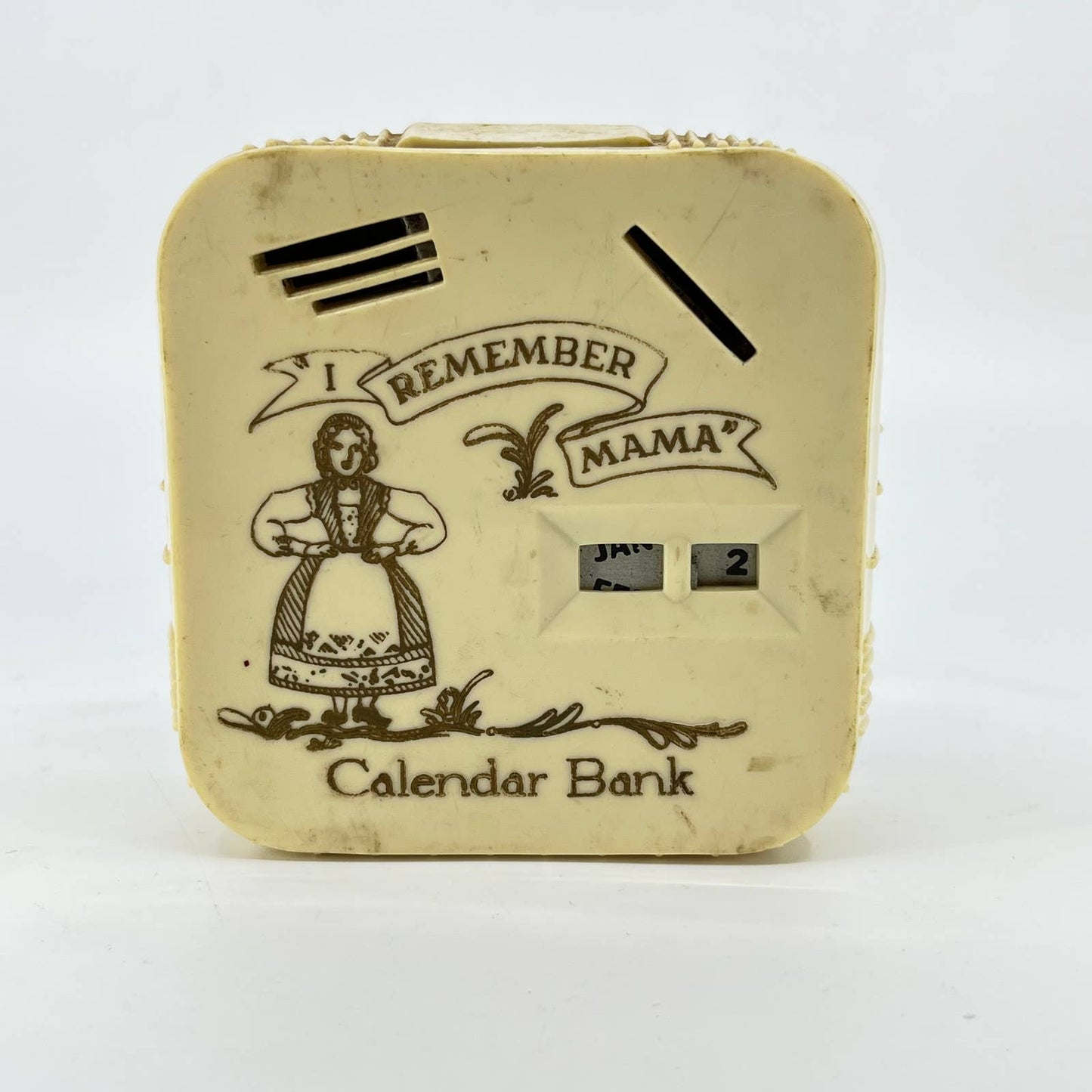Vintage Coin Bank I REMEMBER MAMA Calendar Bank No Key TE3
