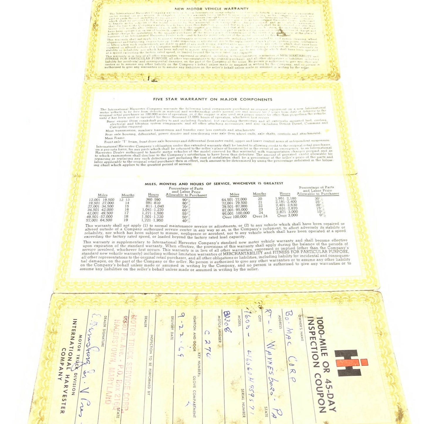 1969 International Harvester Owners Service Policy 45-Day Inspection Coupon AC1