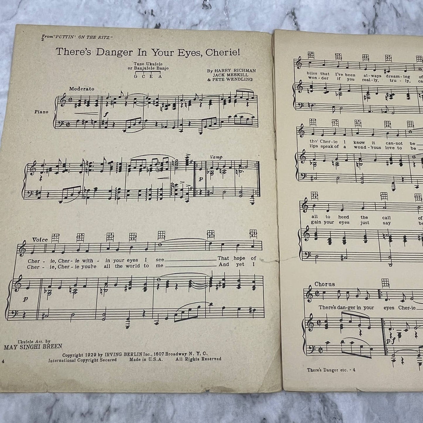 Puttin on the Ritz There's Danger in Your Eyes Cherie 1929 Sheet Music TK2-SM4