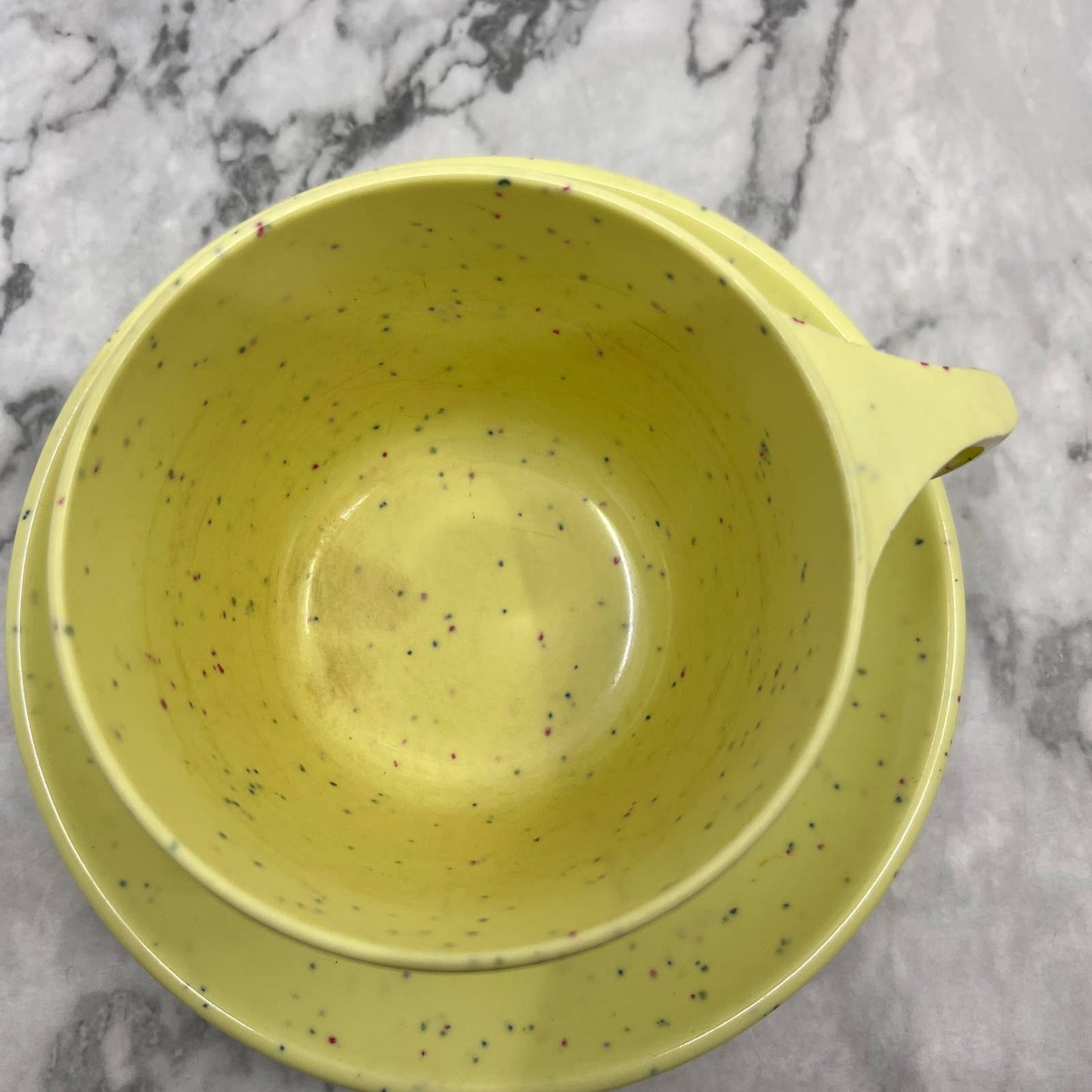 MCM Imperial Ware Speckled Confetti Yellow Cup & Saucer Melmac Malamine TA3-1