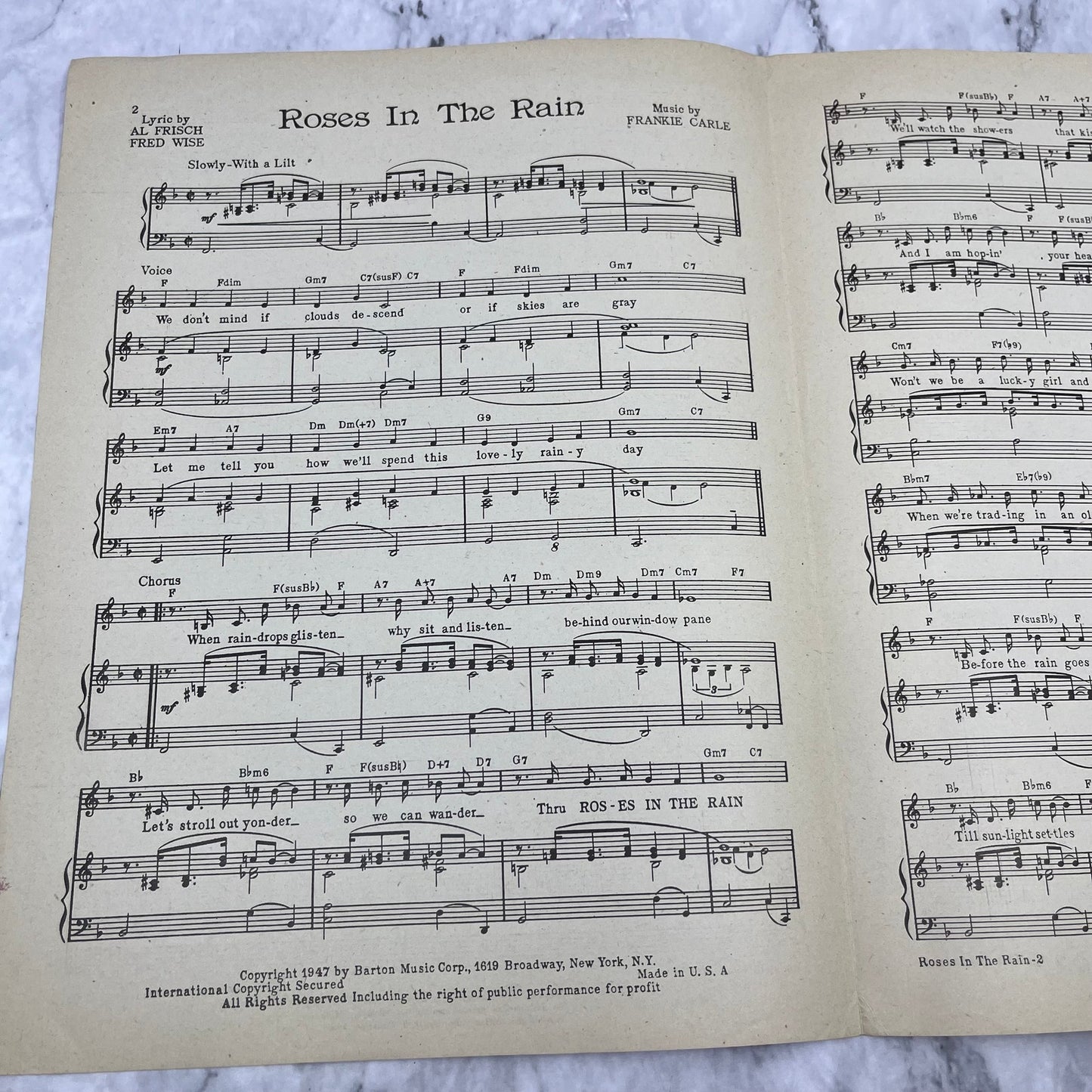 1947 Roses in the Rain Perry Frankie Carle Al Frische Fred Wise Sheet Music V38