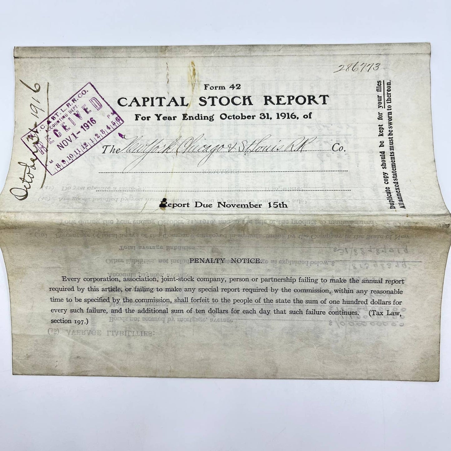 1916 New York, Chicago & St. Louis RR Railroad Capital Stock Report AB2