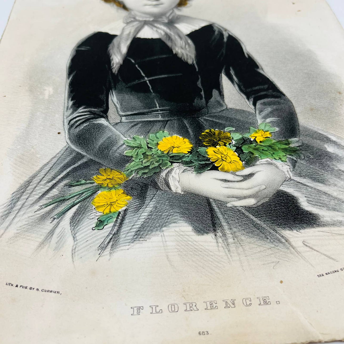 c1850 Antique Hand-Colored Currier & Ives Lithograph "Florence" 10 x 14 FL1