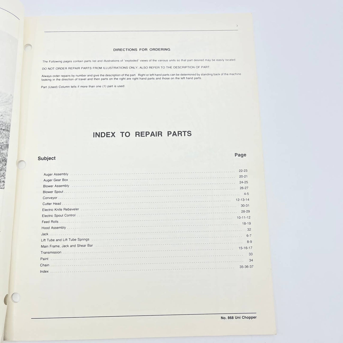 Original 1982 New Idea Repair Parts List US-69 For 868 Uni-Chopper TB9