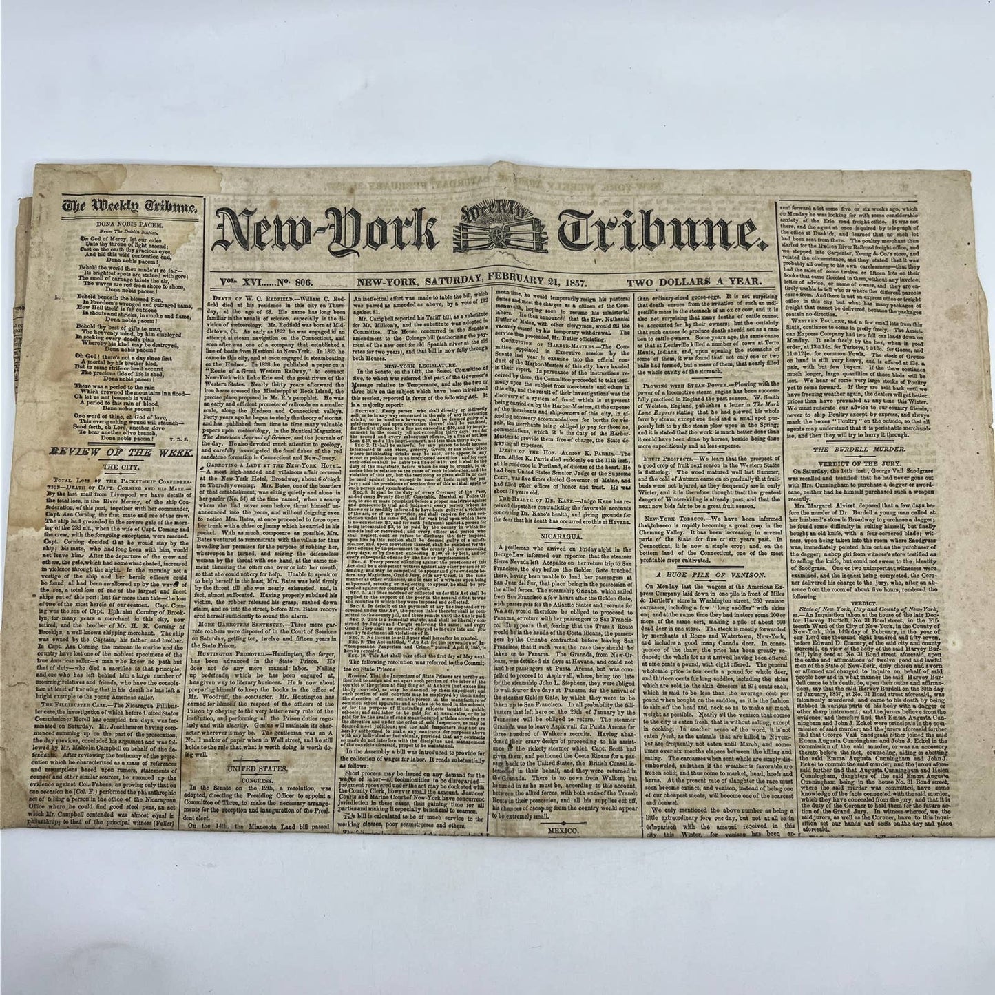 1857 Feb 21 Original New York Tribune - Death of W.C. Redfield FL4