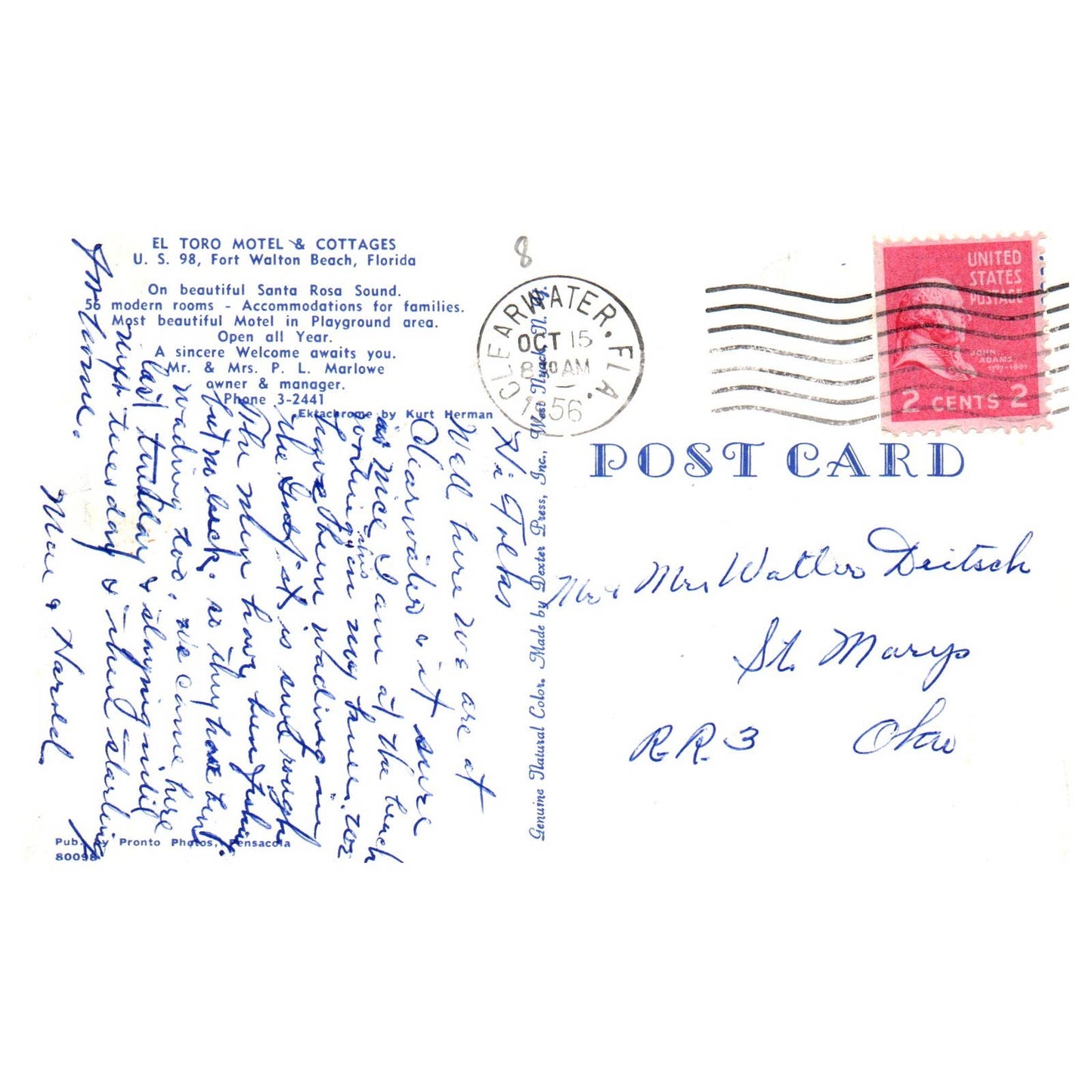 Vintage Postcard - El Toro Motel & Cottages Fort Walton Beach FL 1956 AD9