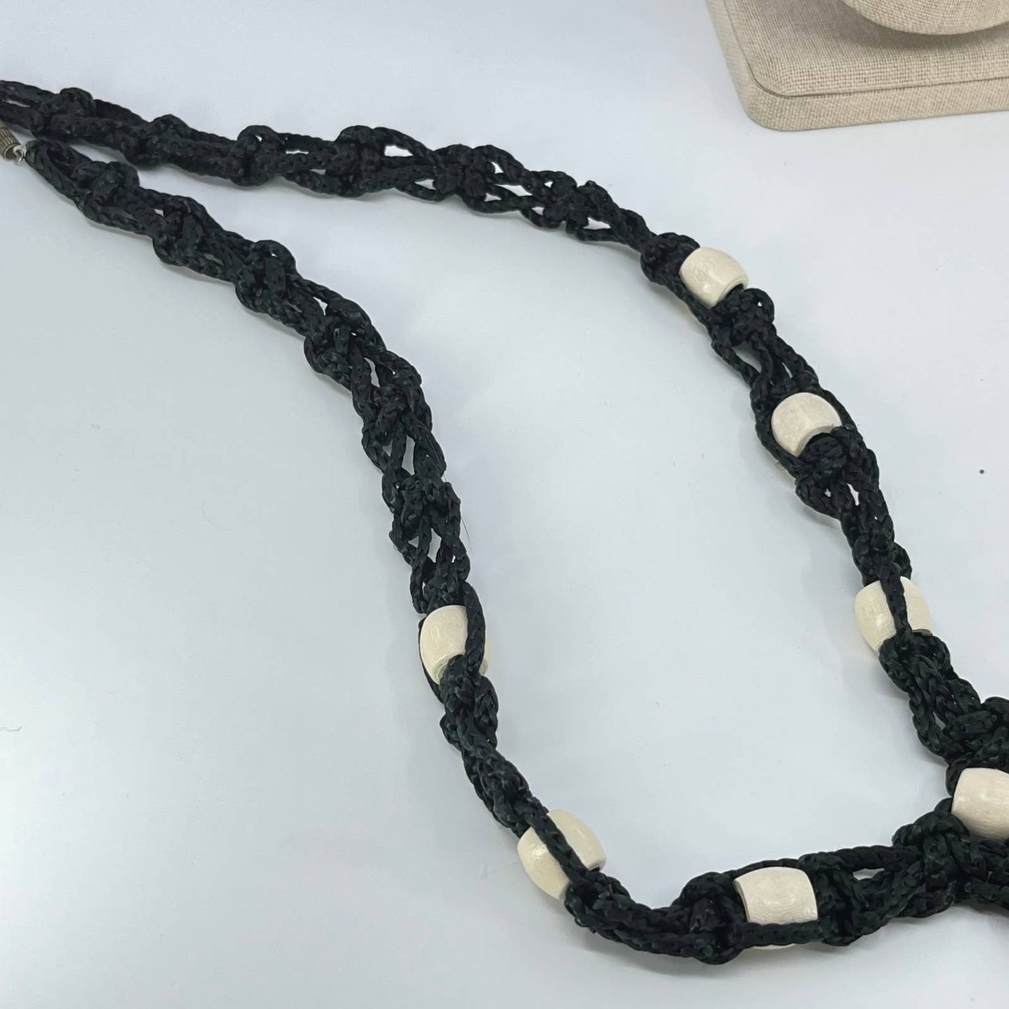 1970s Macrame Necklace Black and White Wood Bead SD2
