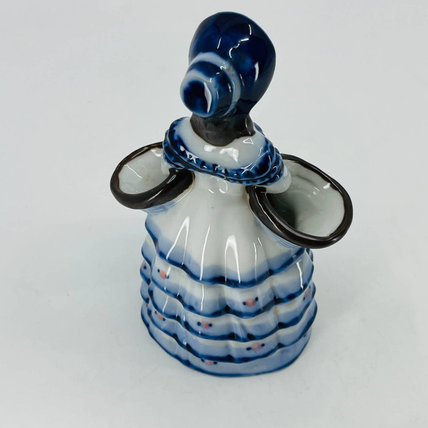 Occupied Japan Porcelain English Lady Blue Bonnet Double Basket Bud Vase TC6