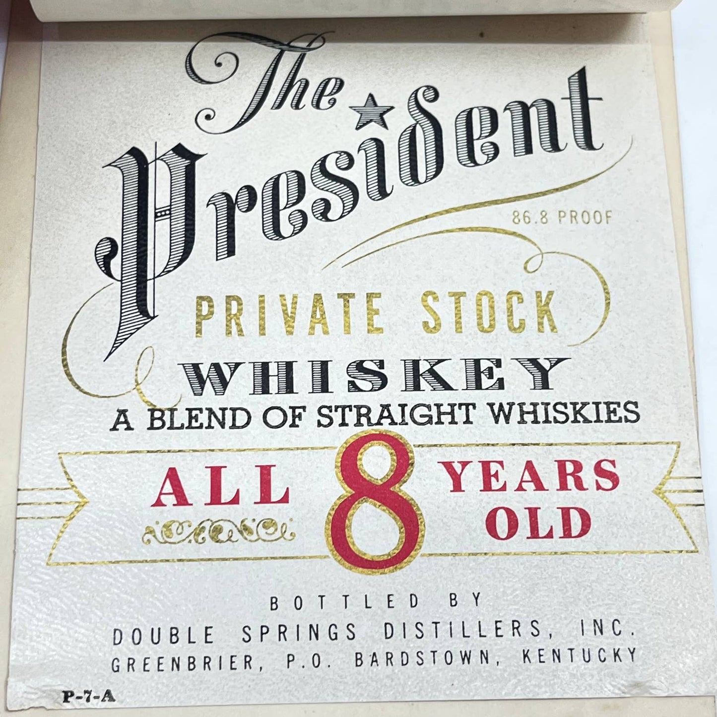 The President Whiskey Label Set of 4 Double Springs Distillers Greenbrier KY