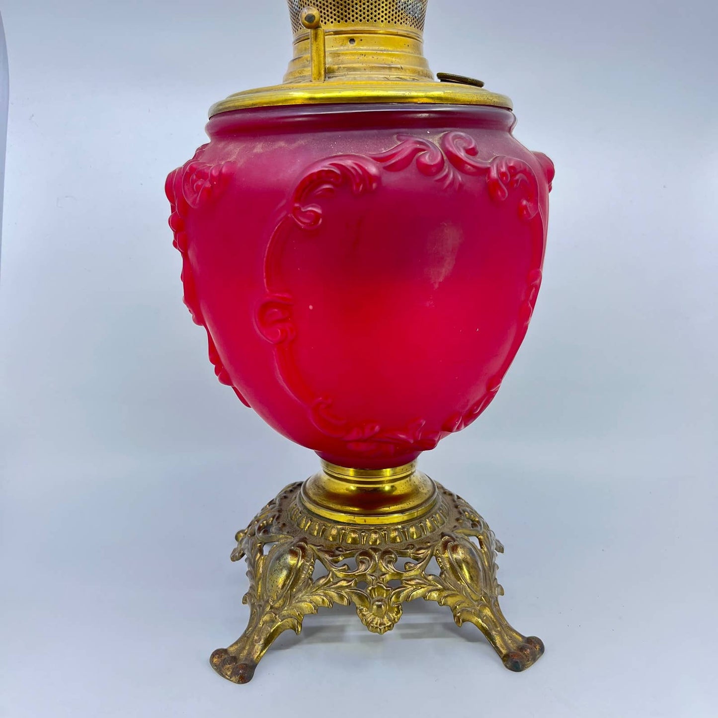 Antique B & H Red Satin Glass and Brass Gone With the Wind Lamp Base LB4
