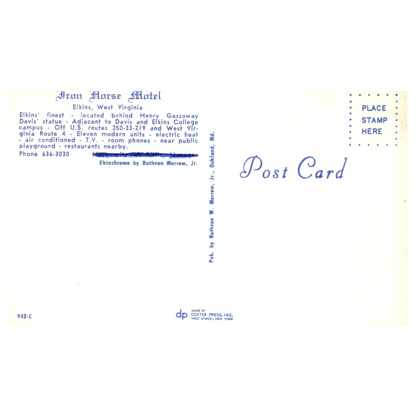 Vintage Postcard - Iron Horse Motel Elkins West Virginia AD9