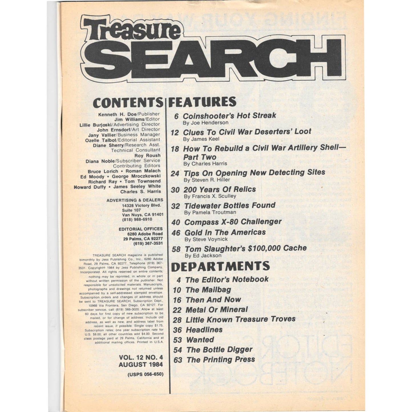 Treasure Search Magazine 1984 August Metal Detecting Gold Diamonds M2