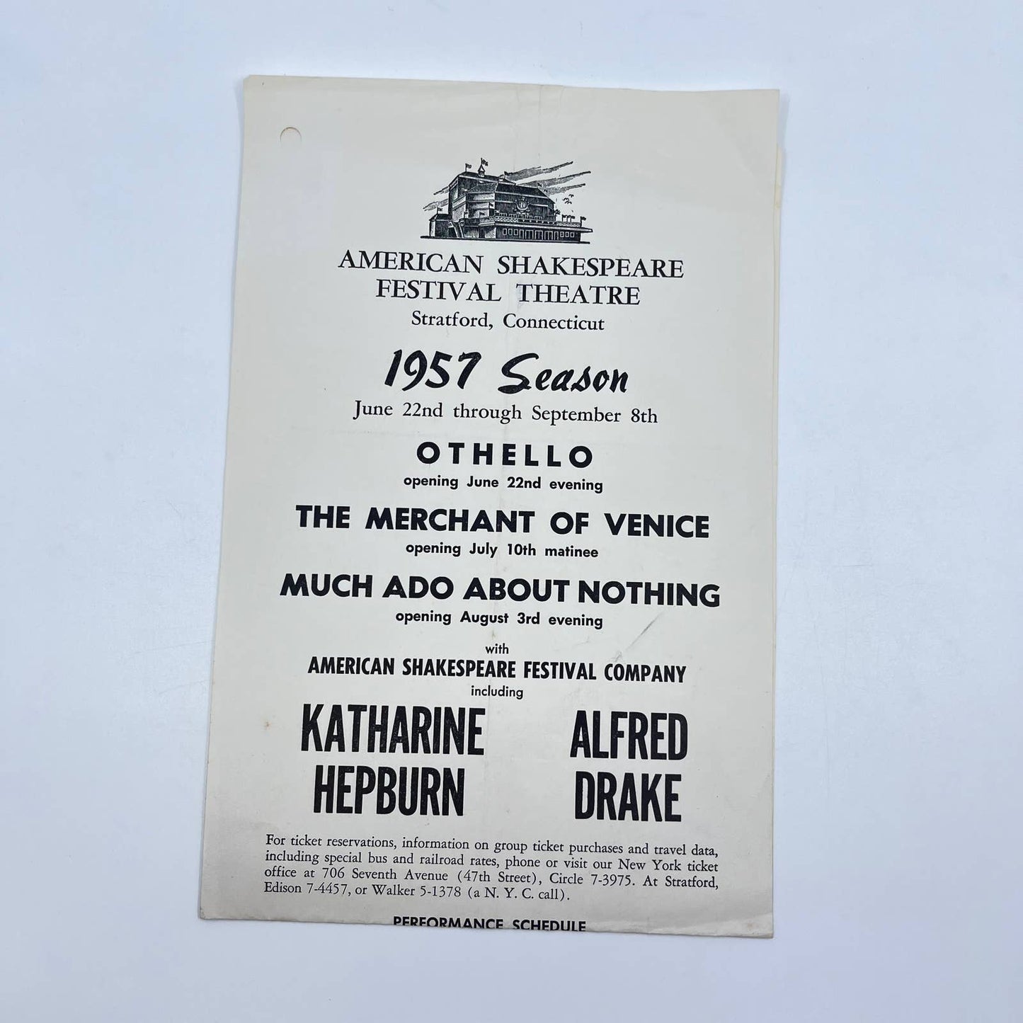 1957 American Shakespeare Festival Theater Leaflet Othello Stratford CT AB3