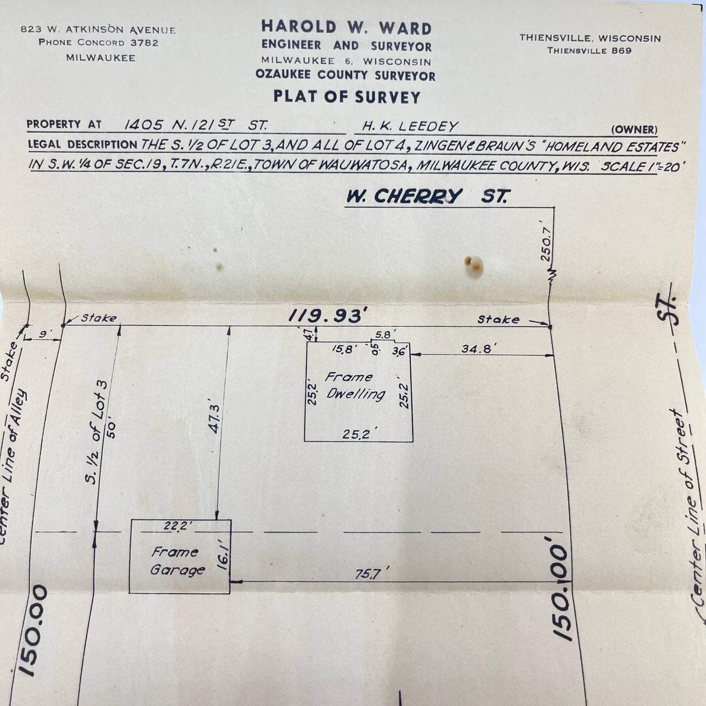 1947 Harold W. award Surveyor Plat W. Cherry St. Wauwatosa Milwaukee County AA7