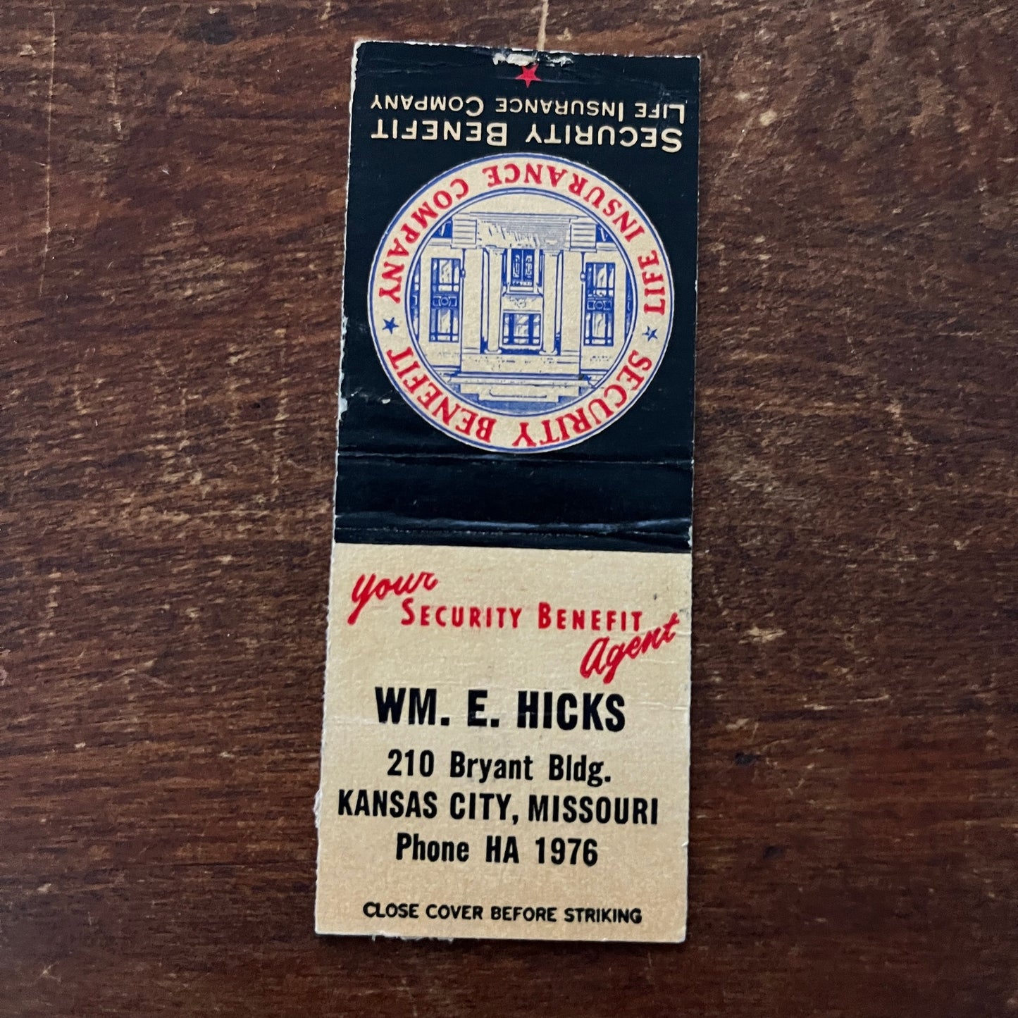 William E. Hicks Ins. Kansas City MO Advertising Matchbook Cover MM11-6