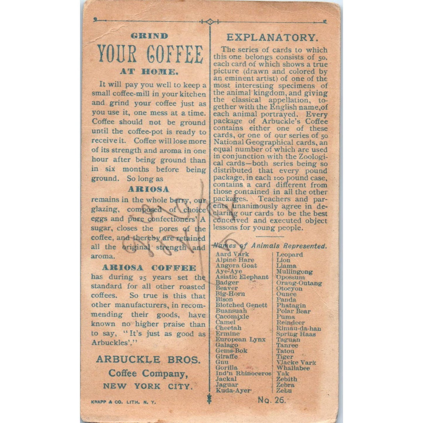 1880s Victorian Trade Card Arbuckle Coffee NY Puma Felis Concolor SE3-3