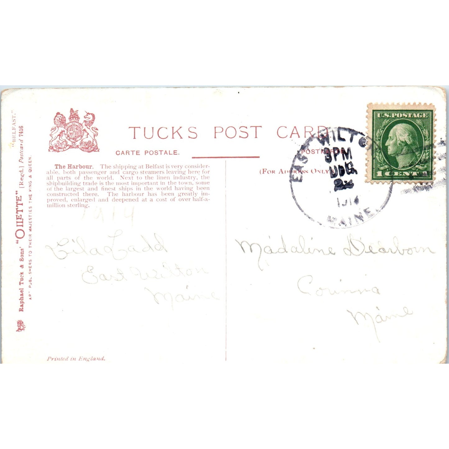 The Harbour at Belfast Raphael Tuck Oilette Original Postcard P2-12