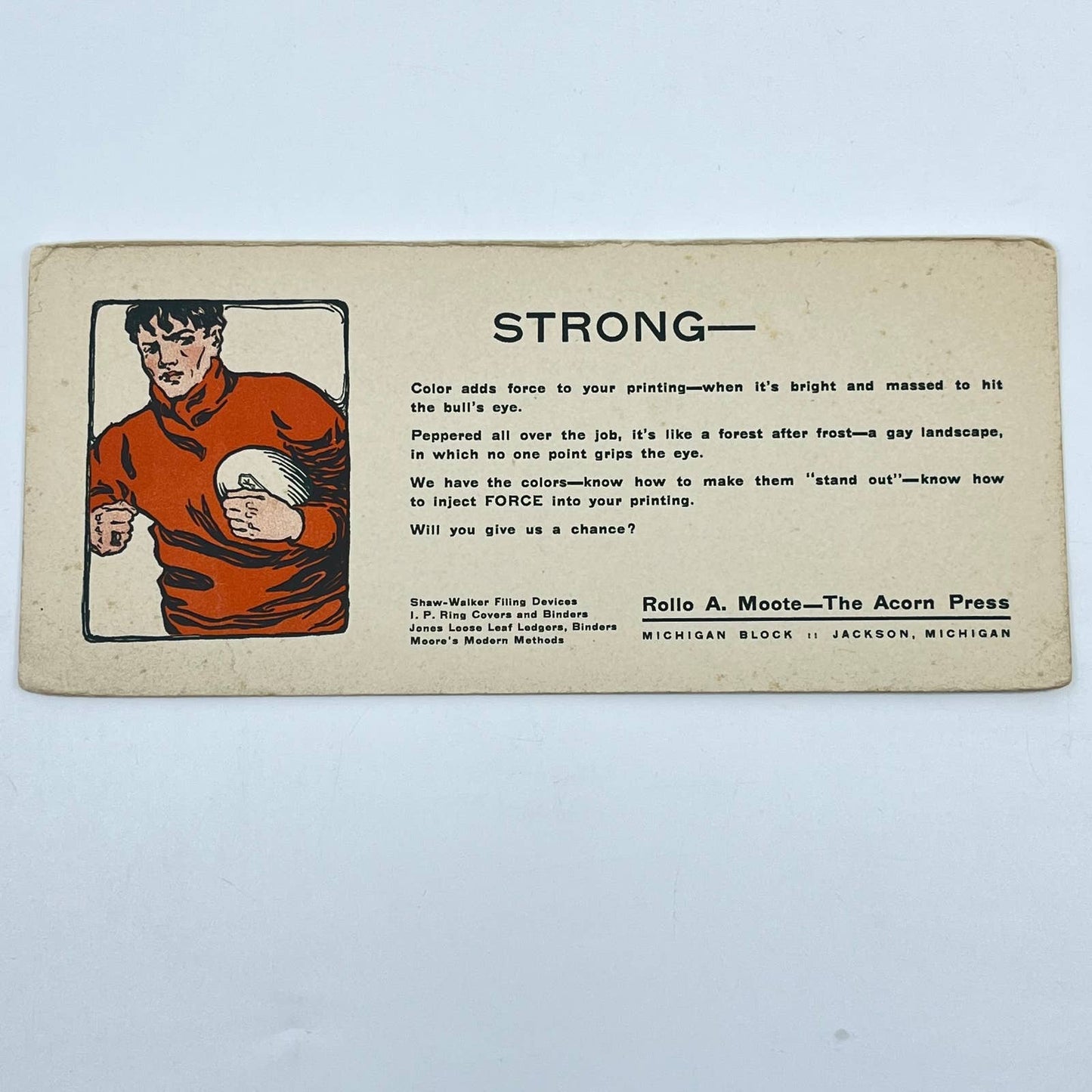 c1900 Blotter Card R.A. Moote The Acorn Press Football Player Jackson MI SC8