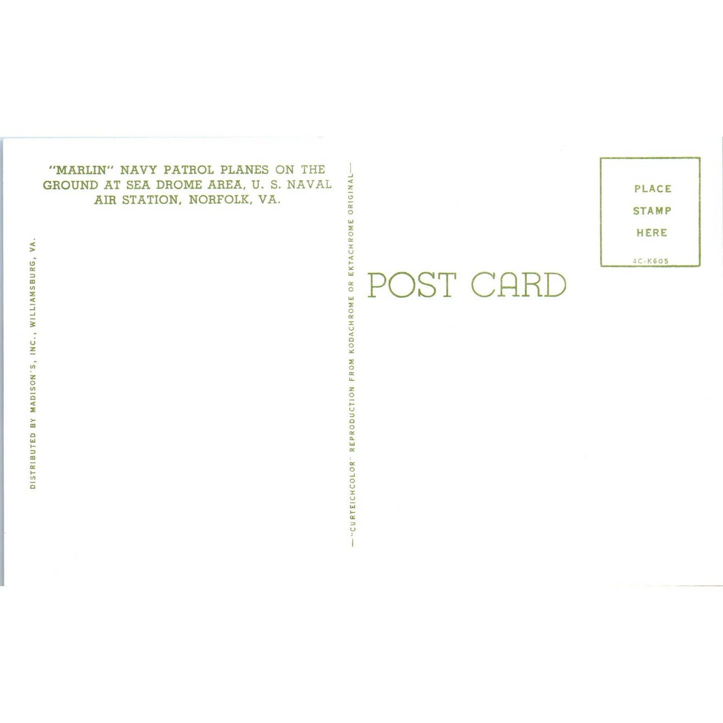 Vtg Postcard Marlin Navy Patrol Plane Sea Drome US Naval Air Station Norfolk EA3