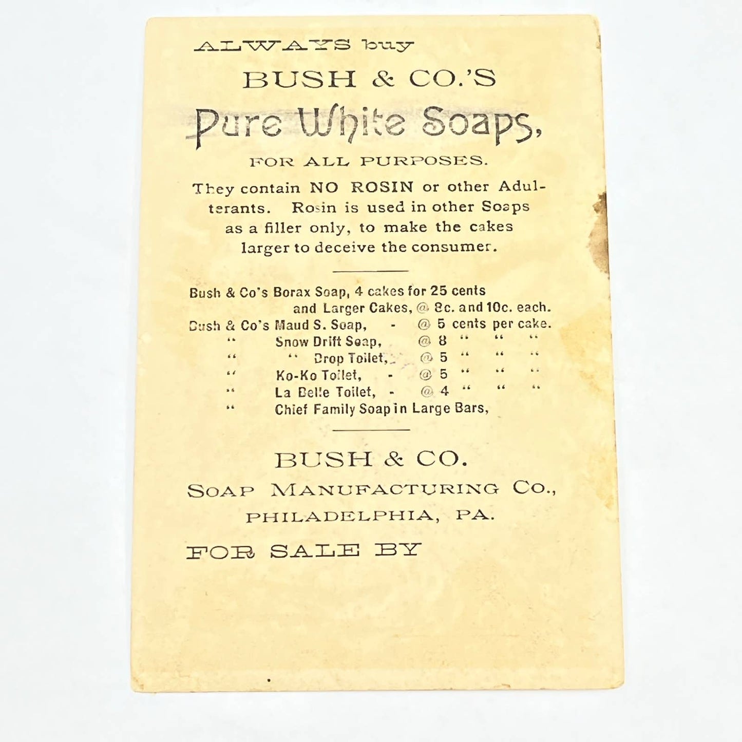 1880s Victorian Trade Card Bush & Co Soap Hughesville MD Colonial Boy AB6