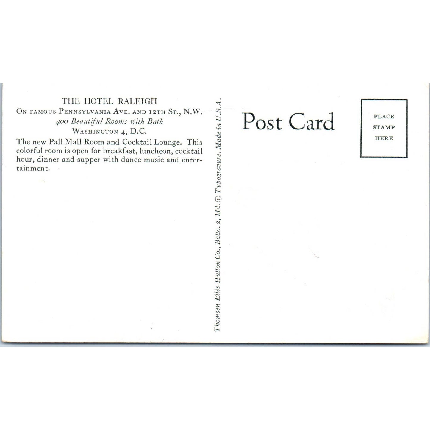 Hotel Raleigh Pall Mall Room Washington D.C. Original Postcard TK1-P2