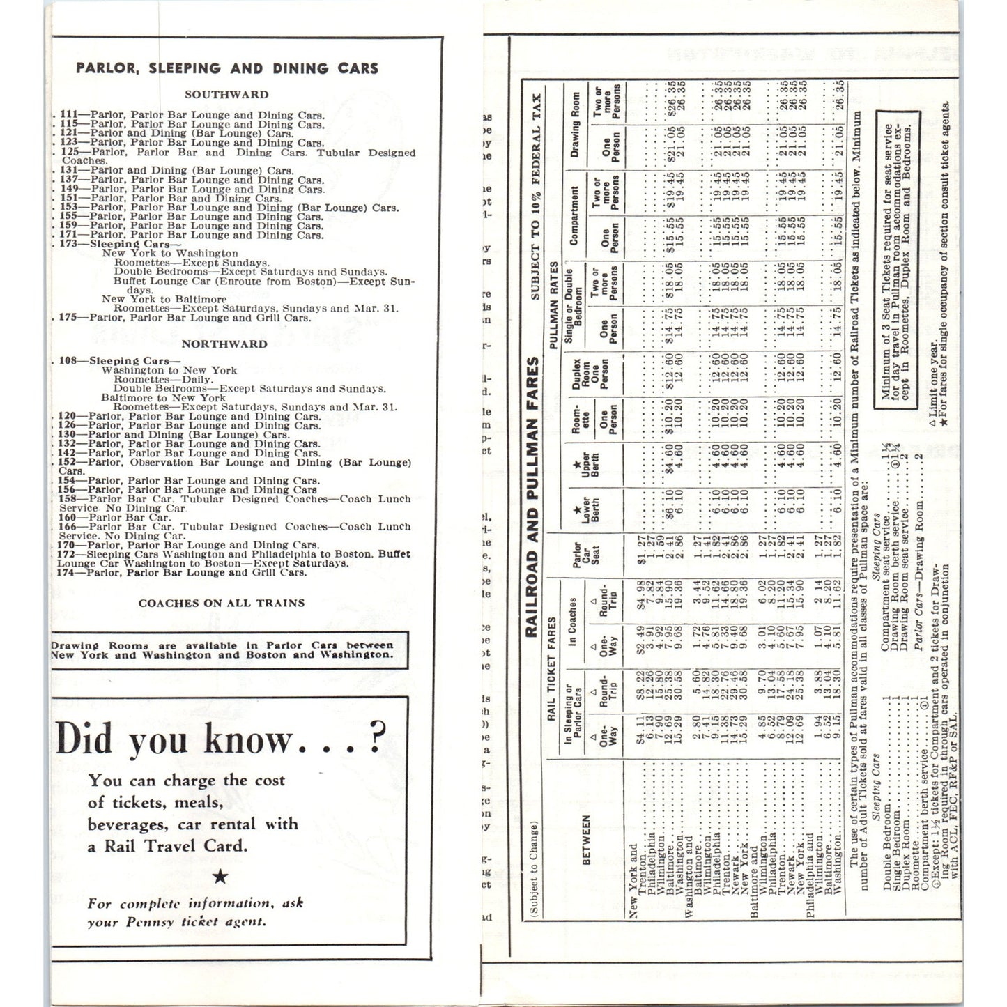 c1961 Pennsylvania RR New York Philadelphia Baltimore Washington Timetable B6