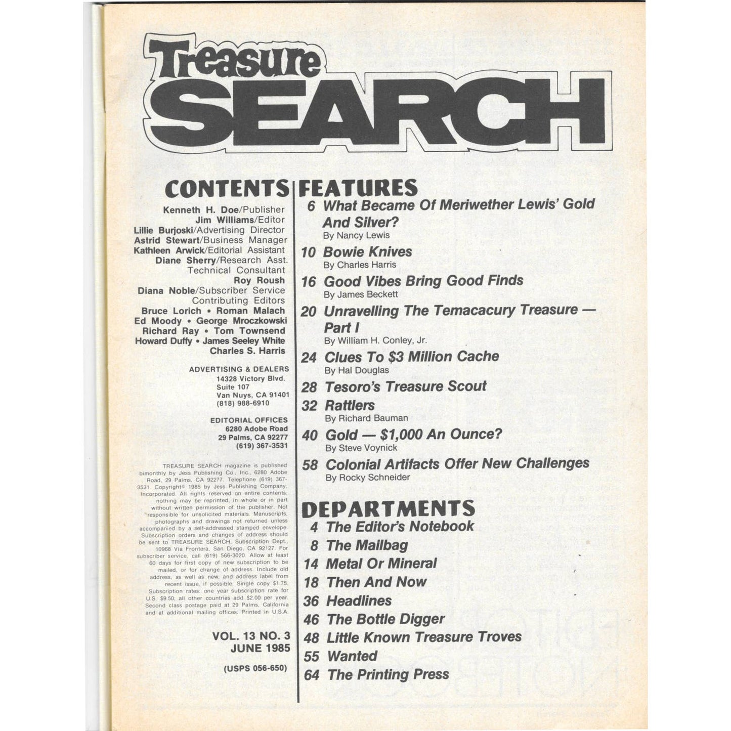 Treasure Search Magazine 1985 June Metal Detecting Gold Diamonds M2