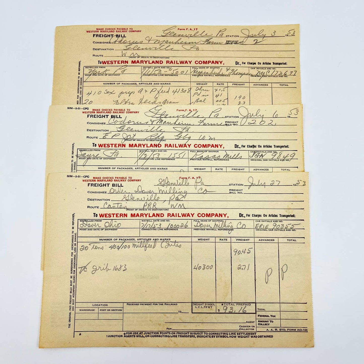 1953 Western Maryland Railway Company Bill of Freight Lot of 3 AA8