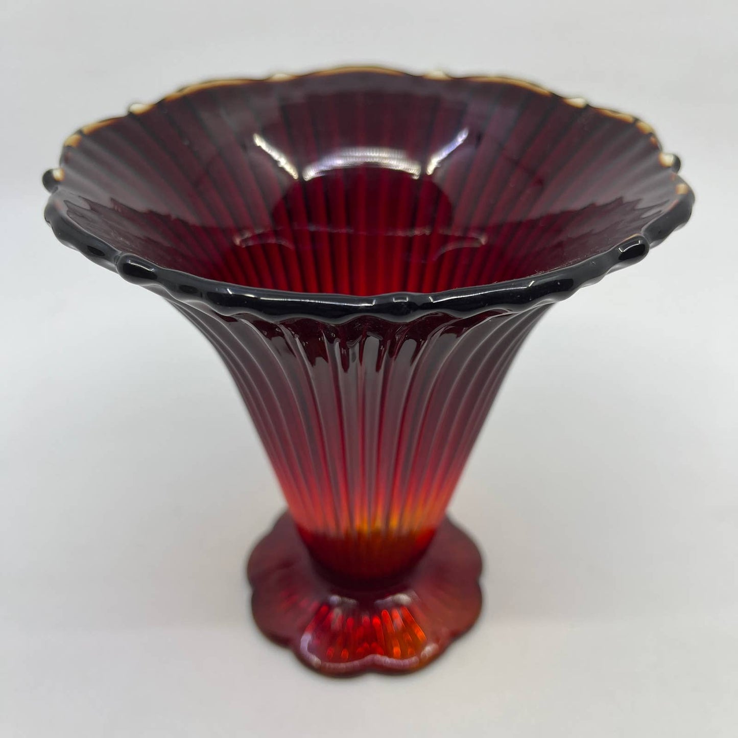 Vintage Ruby Red Amberina Fluted Footed Flared Trumpet Vase 6" TC2