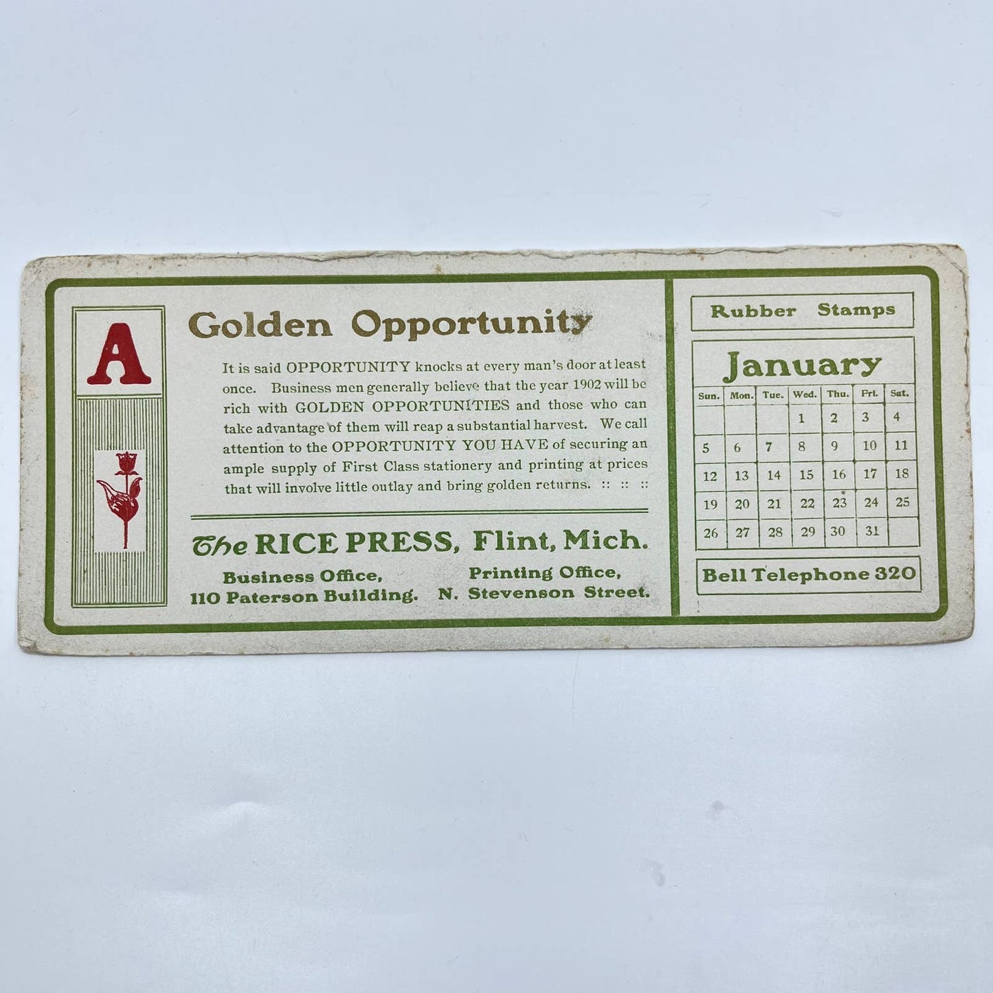 1910s Blotter Card The Rice Press Golden Opportunity Jan Calendar Flint MI SC8