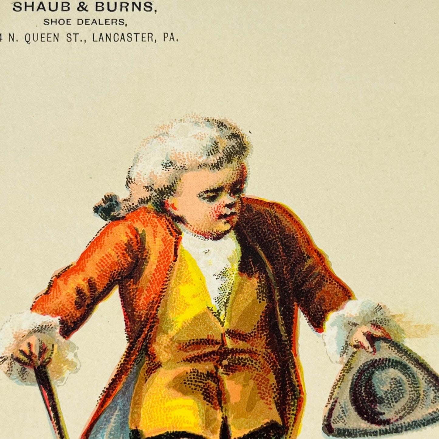 1880s Victorian Trade Card Lancaster Shaun & Burns Shoes Colonial Man SAH9-M11