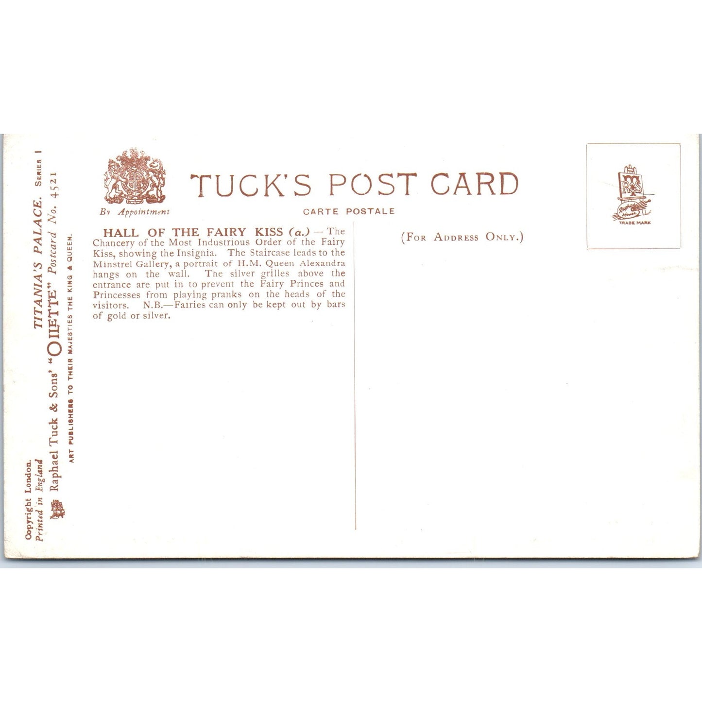 Titania's Palace Hall of the Fairy Kiss A Raphael Tuck Oilette Postcard P2-12