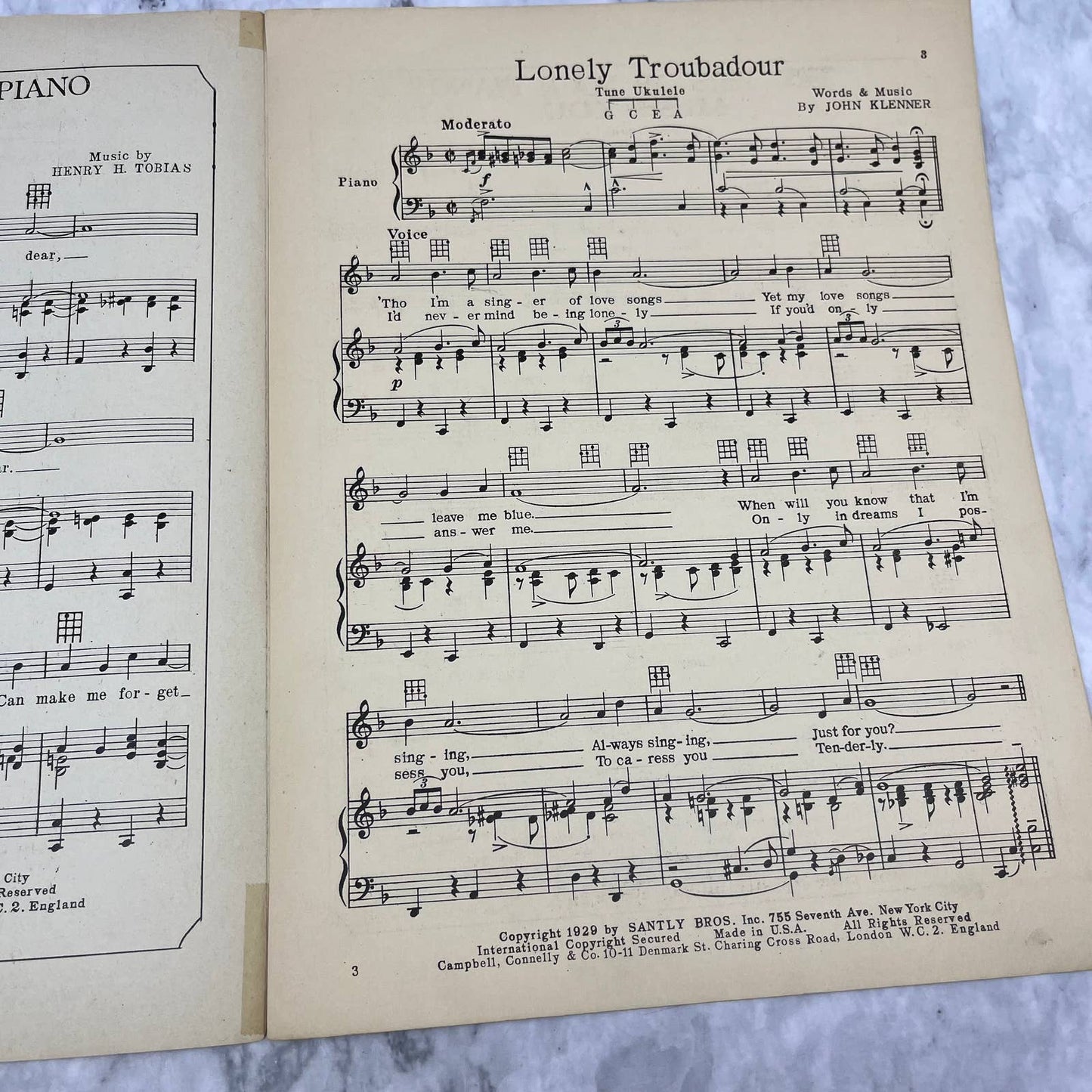 Vintage Sheet Music Lonely Troubadour, John Klenner 1929 TH5