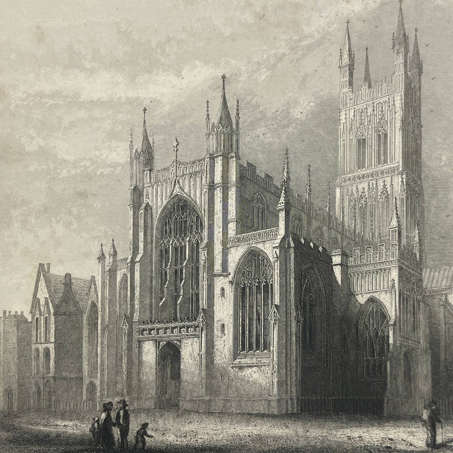 1842 Original Art Engraving Gloucester Cathedral West Front and South Side AC6