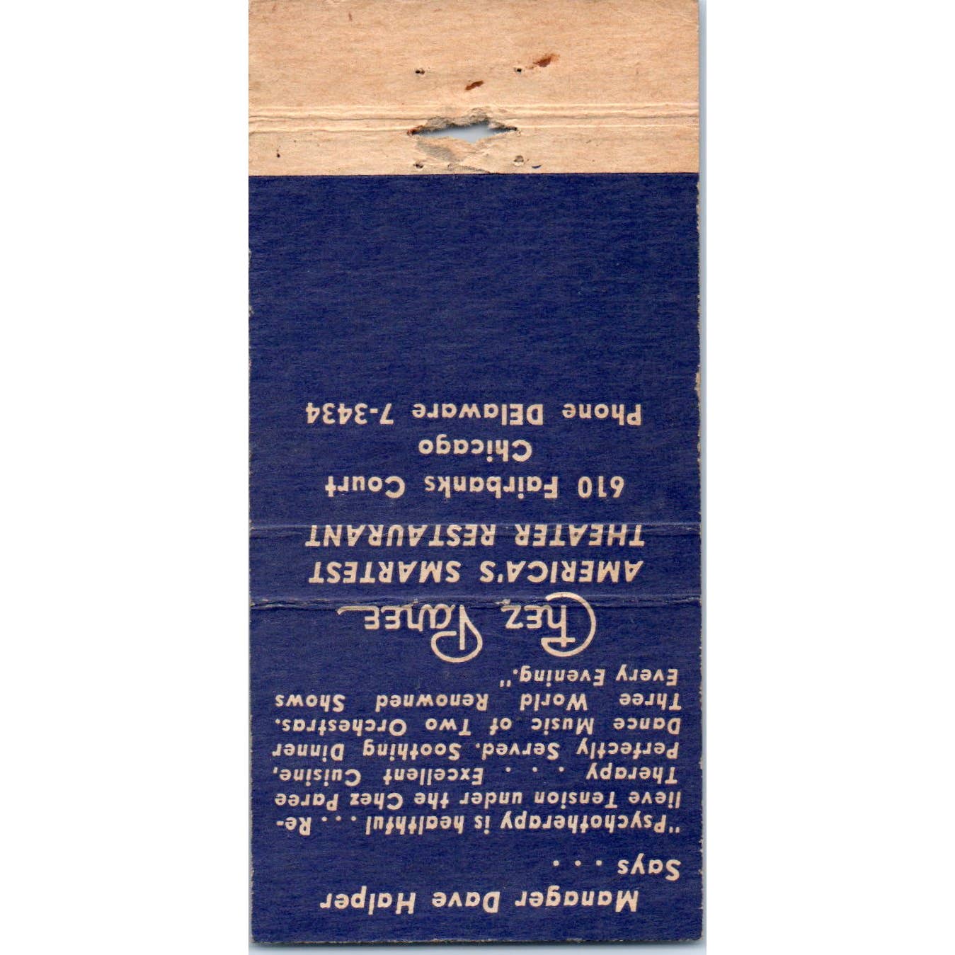 Chez Paree Theater Restaurant Chicago IL Advertising Matchbook Cover SA1-M10