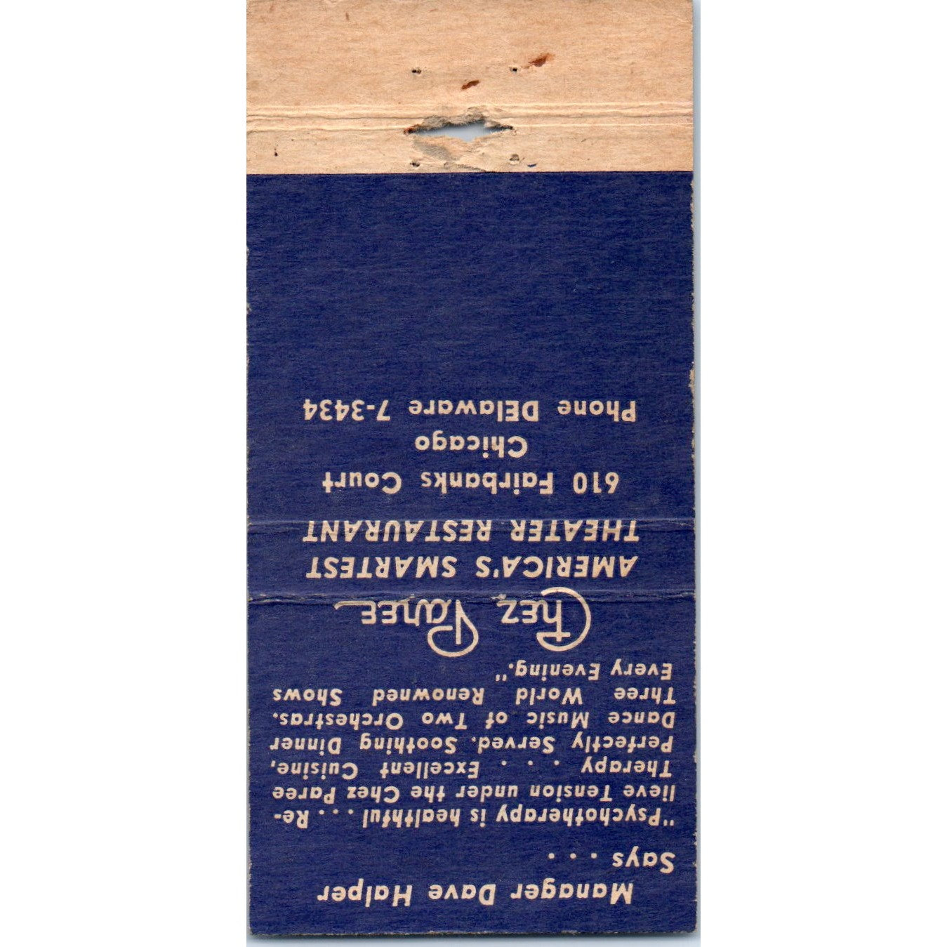 Chez Paree Theater Restaurant Chicago IL Advertising Matchbook Cover MM9-6