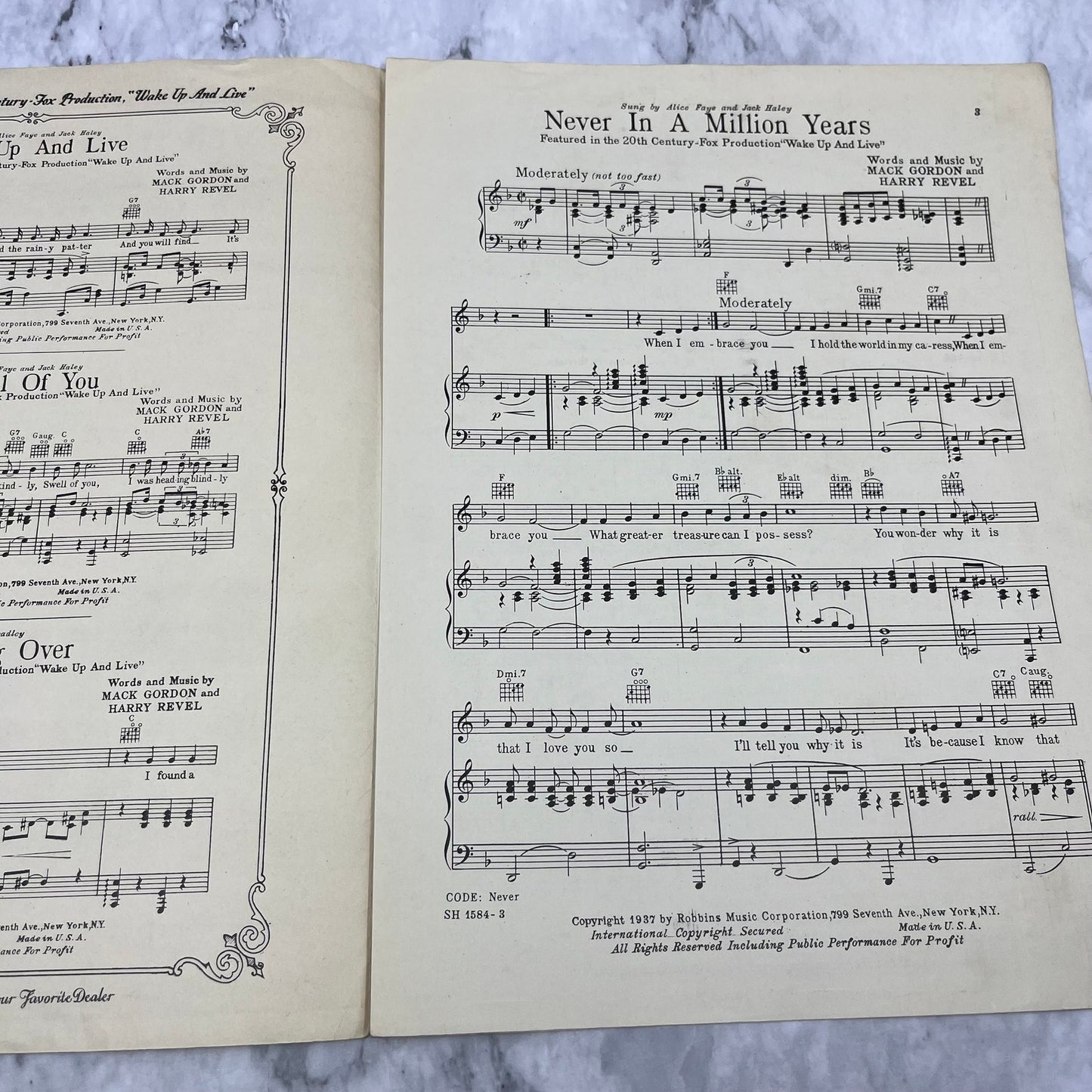 1937 Never in a Million Years - Wake Up and Live Sheet Music Mark Gordon V38